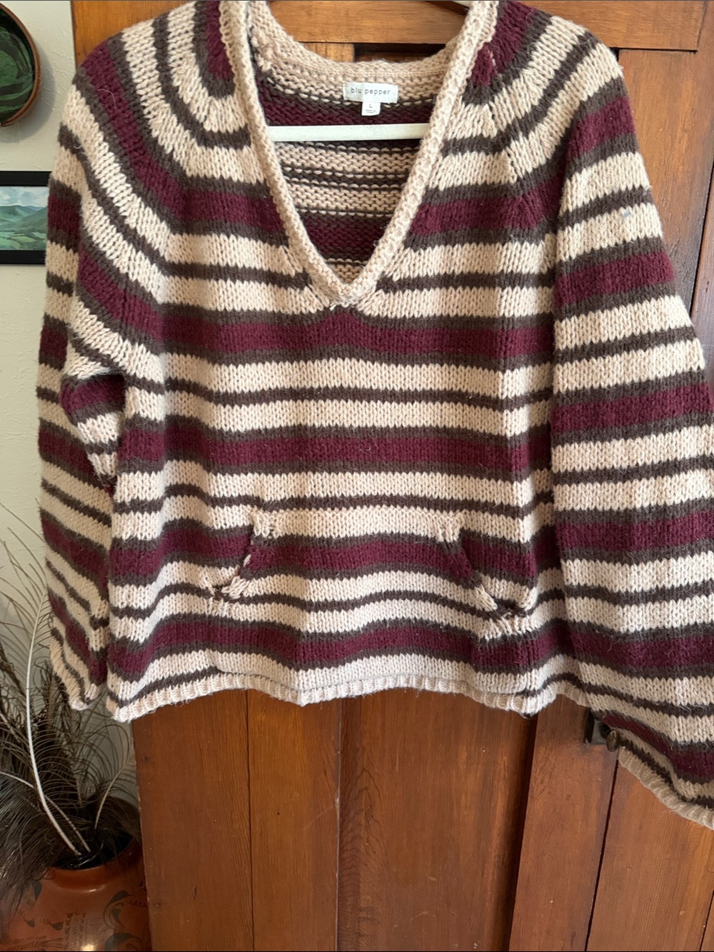 Blu Pepper Burgundy and Cream Striped V-Neck Pullover